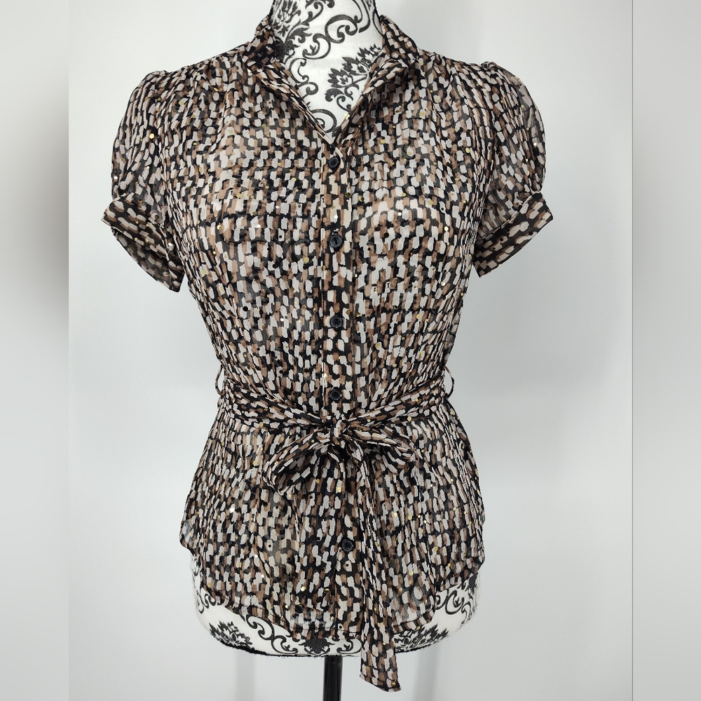BCX Womens Black and Tan Spotted Sheer Button Up Short Sleeve Blouse Size Medium